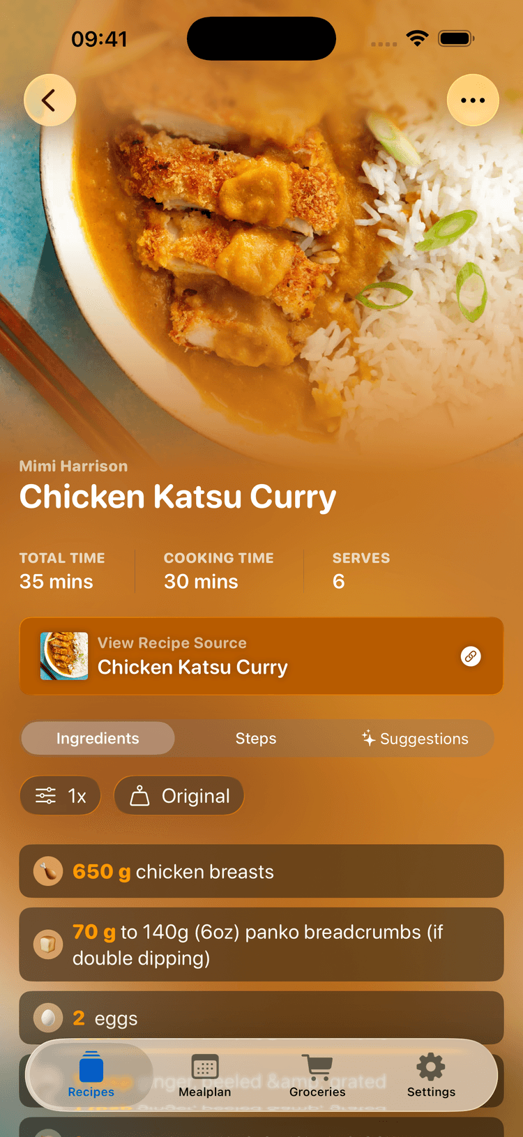 Sporkast recipe detail screen with ingredients