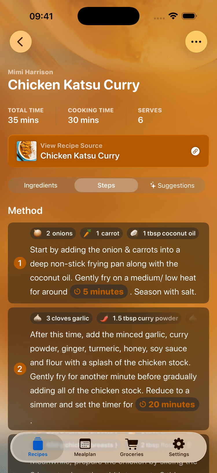 Recipe detail page showing steps for a recipe with linked timers and ingredients