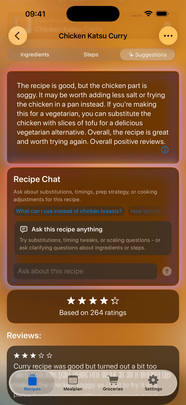 Recipe detail page open to the suggestions page, with an AI overview of recommendations, a 'chat with recipe' screen, and public reviews
